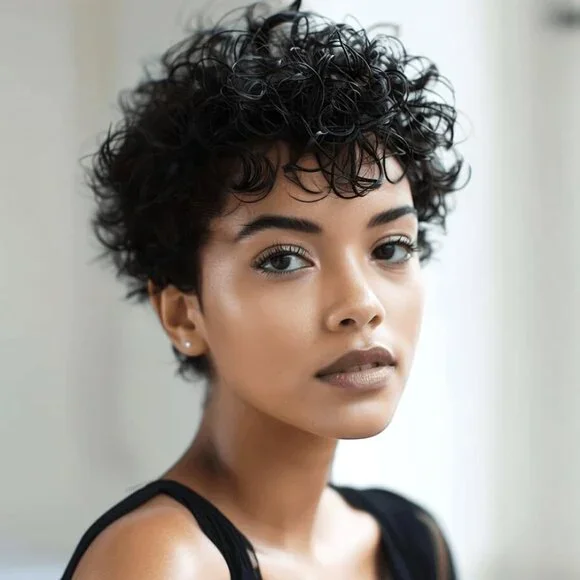 Short Curly Pixie Cut Wigs with Bangs Human Hair for Black Women Non Lace Full M
